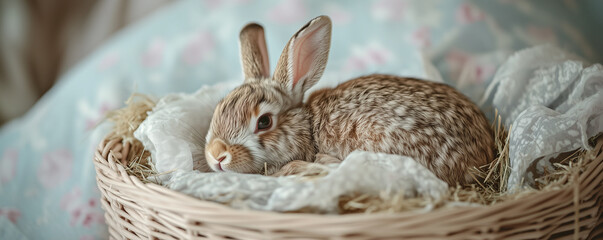 Obraz premium Soft bunny nestled comfortably in a pastel wicker basket surrounded by delicate fabrics and soft lighting