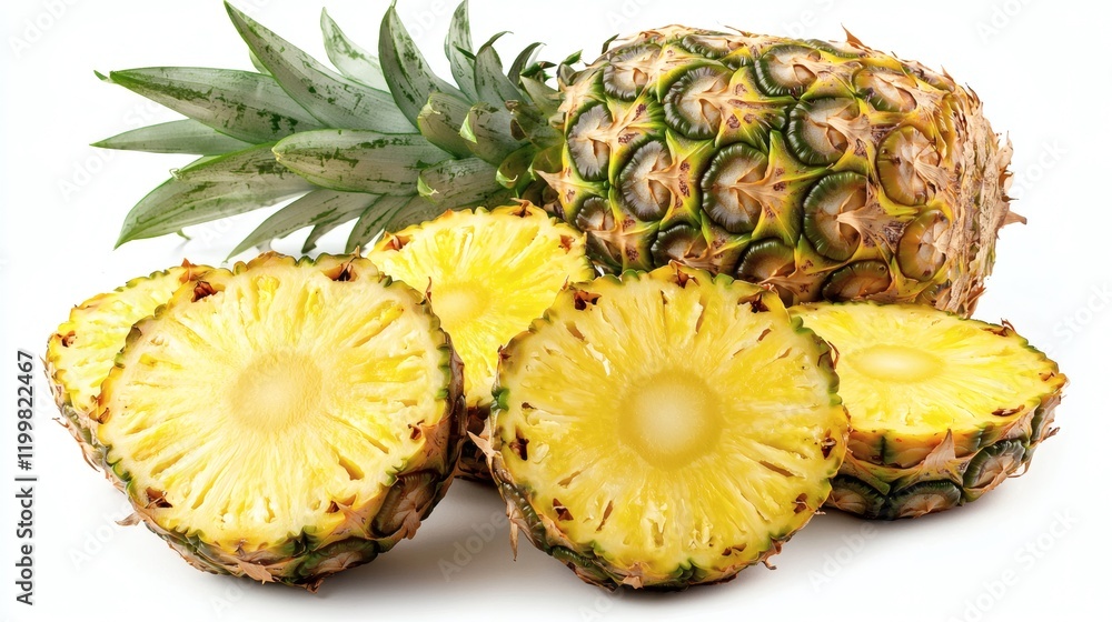 Poster Isolated of a group of pineapples cut into quarters and arranged in a circular pattern on a flat white surface Stock Photo with side copy space
