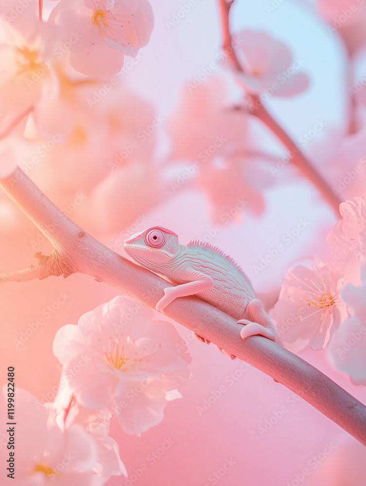 Aufkleber close up of a chameleon resting calmly on a branch surrounded by delicate pink blossoms in a serene 