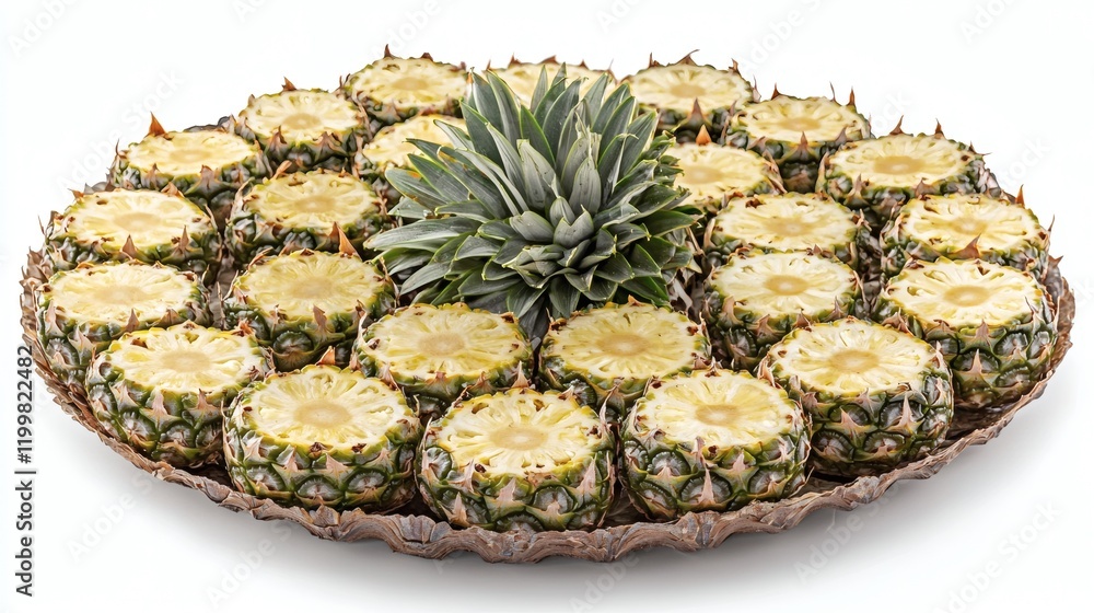 Poster Isolated of a group of pineapples cut into quarters and arranged in a circular pattern on a flat white surface Stock Photo with side copy space