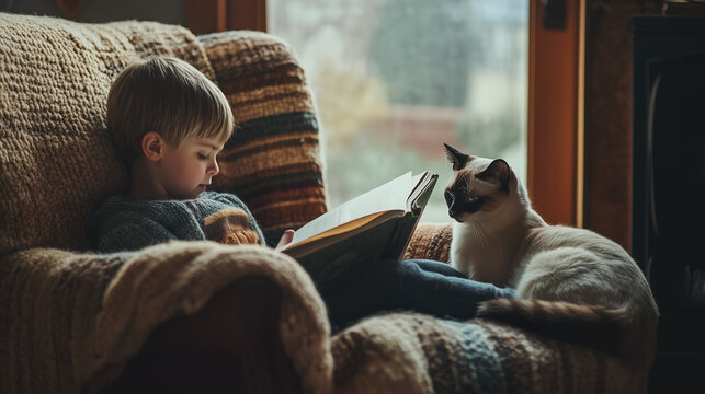Child enjoys quiet reading time with Siamese cat on cozy armchair near window in warm afternoon light - Powered by Adobe