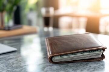 Leather wallet with cash on marble table.