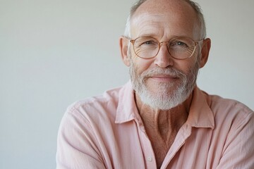 Obraz premium Smiling older man with glasses poses confidently against a neutral background in a casual pink shirt