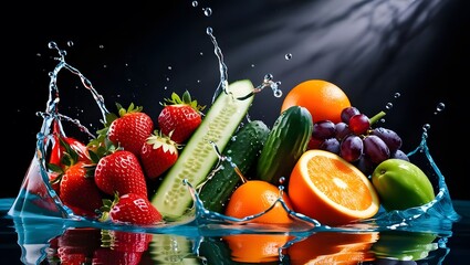 Fresh fruits and vegetables splash into clear water, creating vibrant scene of healthy food. colorful display includes strawberries, cucumbers, oranges, and grapes