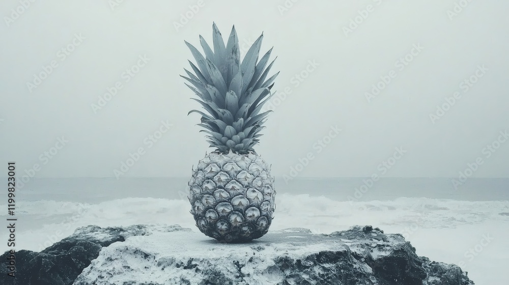 Aufkleber Isolated of a pineapple with its top removed placed upright revealing its fibrous core on a seamless white background Stock Photo with side copy space