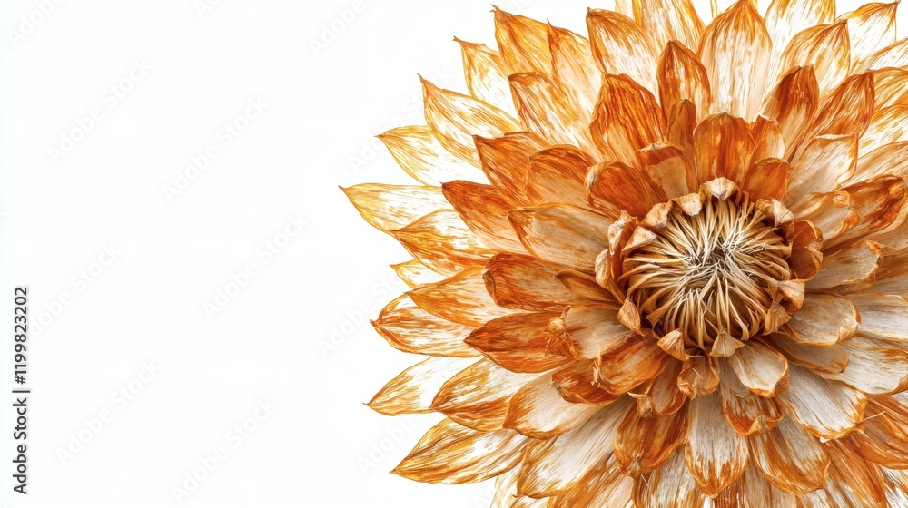Poster Isolated of a pineapple with its top removed placed upright revealing its fibrous core on a seamless white background Stock Photo with side copy space