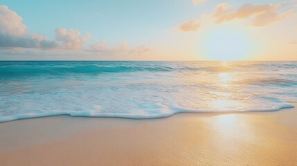 Fototapeta premium Serene Evening on a Golden Beach with Tranquil Blue Waves and Soft Lavender Sky