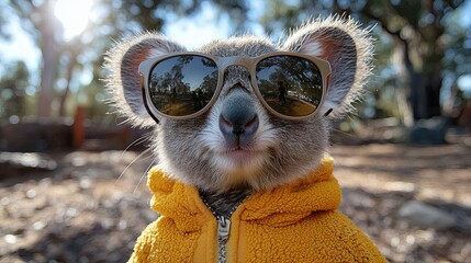 Obraz premium Koala dressed in yellow hoodie and sunglasses enjoying a sunny day in a nature setting