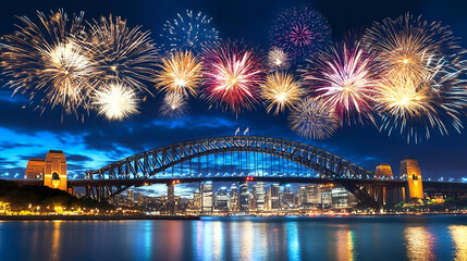 Fototapeta premium A vibrant fireworks display over a city skyline and iconic bridge at night.