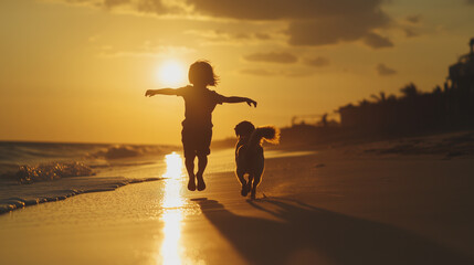 Golden hour silhouette of a child joyfully running along the beach with a dog at sunset, creating a magical moment of play and freedom