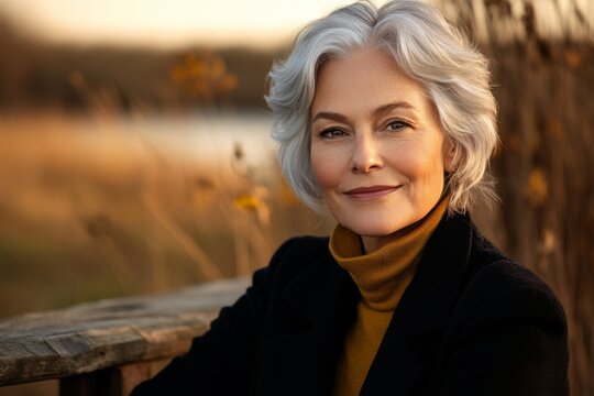 Portrait of a smiling woman with silver hair wearing a turtleneck sweater amidst a serene natural backdrop during golden hour