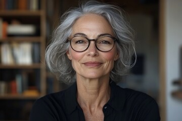 Calm and confident older woman with silver hair poses in cozy home library setting during afternoon