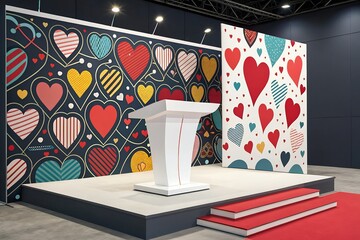 interior of a house banner with heart shape and clouds on blue background. Promotion and shopping template or background for Love and Valentine's day concept