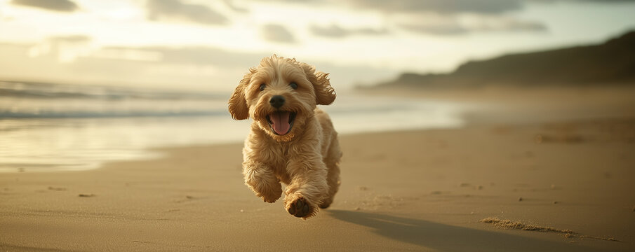 Happy golden doodle joyfully running along the sandy beach during sunset
