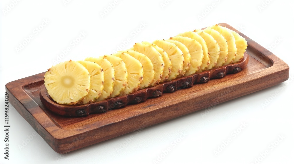 Poster isolated of whole and sliced pineapples displayed together in a decorative wooden tray on a plain wh