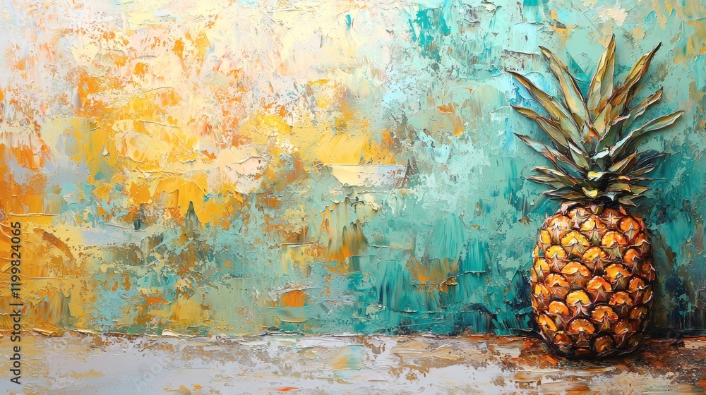 Poster isolated of a freshly harvested pineapple with its rough textured skin and vibrant green leaves plac