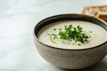 Delicious bowl of creamy soup topped with fresh herbs and bread