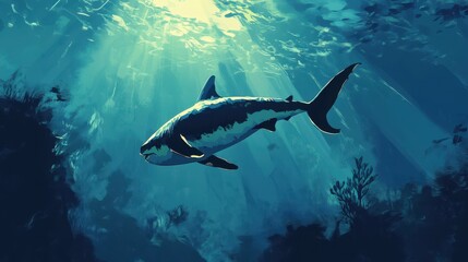Fototapeta premium Majestic Shark Swims Beneath Ocean Sunlight