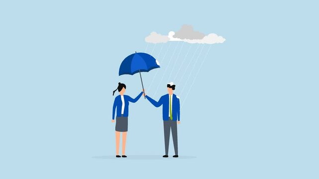 4k animation of considerate entrepreneur provides an umbrella to shield a woman. 