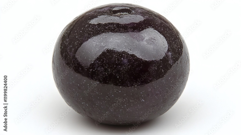 Poster Isolated of a single purple grape with a glossy surface displayed on a clean white background Stock Photo with side copy space