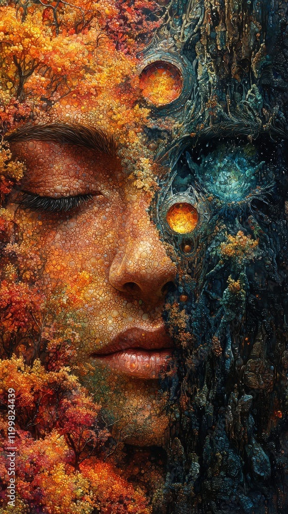 Poster a serene face emerges from autumn foliage merging with dark bark. glowing orbs hint at hidden depths