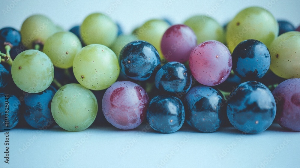 Poster isolated of a group of mixed-colored grapes with purple and green shades placed on a clean white sur