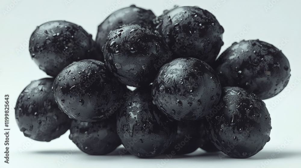 Poster isolated of a cluster of black grapes with a smooth matte finish arranged artistically on white stoc