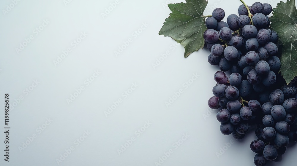 Poster isolated of a cluster of black grapes with a smooth matte finish arranged artistically on white stoc