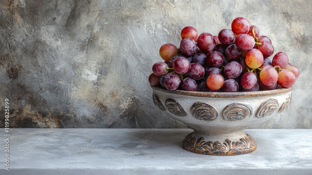 Poster isolated of red grapes arranged in a decorative ceramic bowl displayed on a white surface stock phot