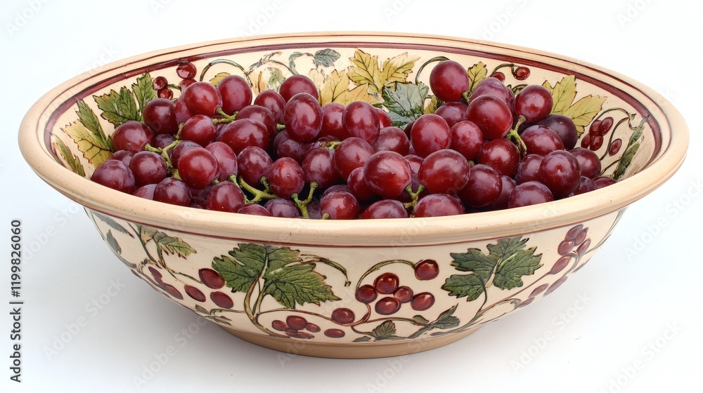 Aufkleber isolated of red grapes arranged in a decorative ceramic bowl displayed on a white surface stock phot