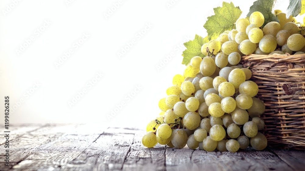 Poster isolated of a pile of green grapes spilling gently from a wicker basket onto a seamless white backgr