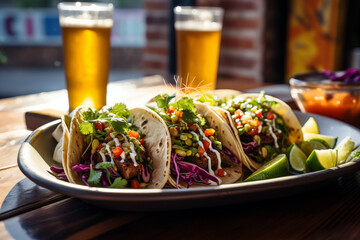 A vibrant street food scene featuring Mexican cuisine tacos set in a casual outdoor cafe setting