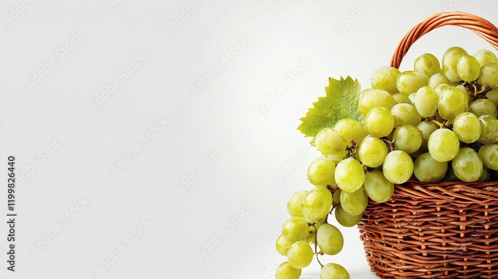 Poster isolated of a pile of green grapes spilling gently from a wicker basket onto a seamless white backgr