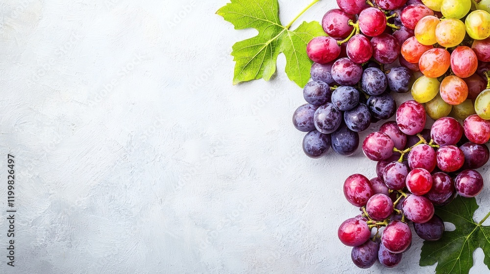 Poster isolated of a cluster of fresh purple grapes with stems intact and vivid color contrast against whit