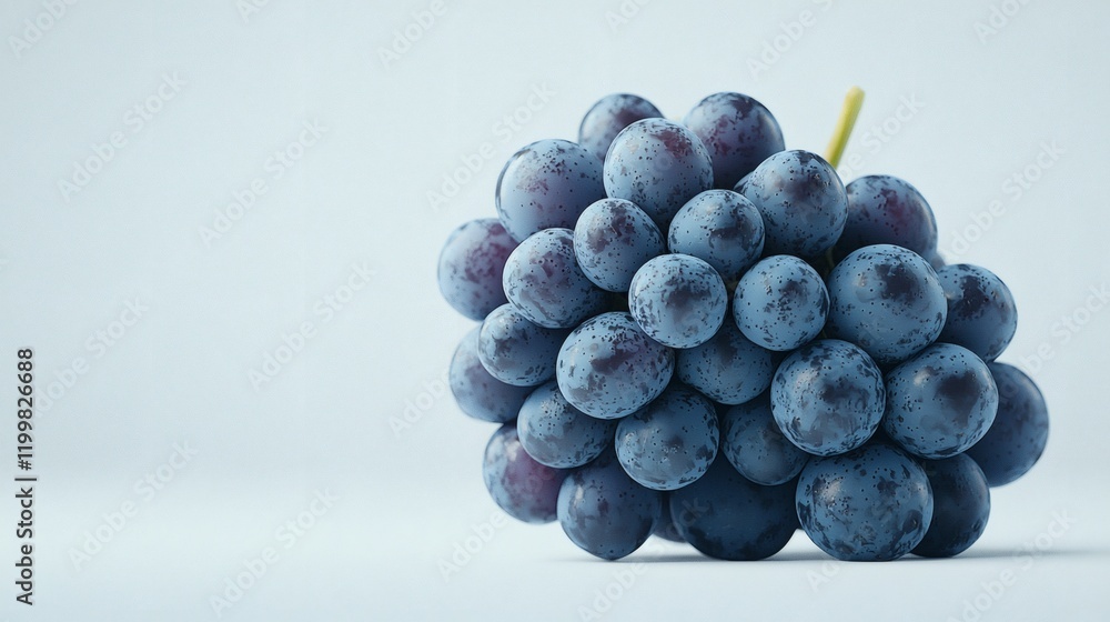 Poster Isolated of a cluster of fresh purple grapes with stems intact and vivid color contrast against white Stock Photo with side copy space