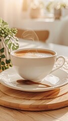A white coffee cup with a spoon in it sits on a wooden table