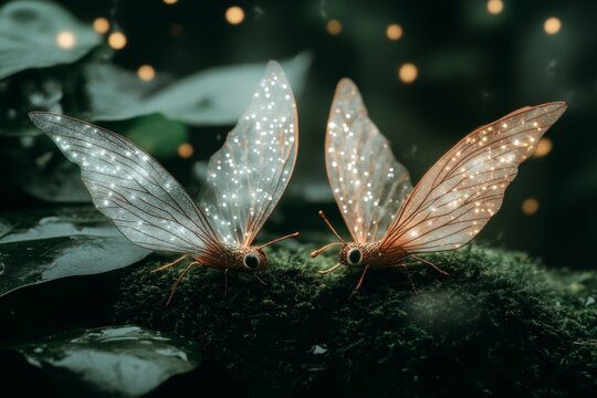 A pair of fairy wings made of translucent material, with sparkling details, lying on soft moss in an enchanted forest - Powered by Adobe