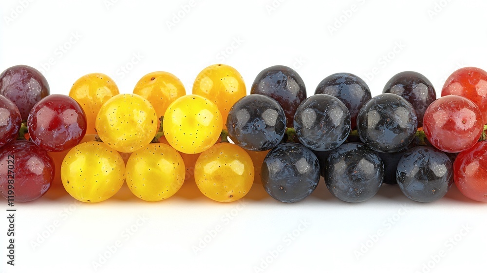 Poster Isolated of a handful of mixed grapes in different shades placed elegantly on a pure white surface Stock Photo with side copy space