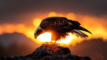Bald eagle sunset silhouette, perched rock, mountains background, wildlife nature photography