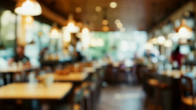 Abstract blur interior coffee shop or cafe for background. Blurred people in coffee shop or restaurant. Defocused bokeh restaurant space for design element. Defocus effect of the coffee room.