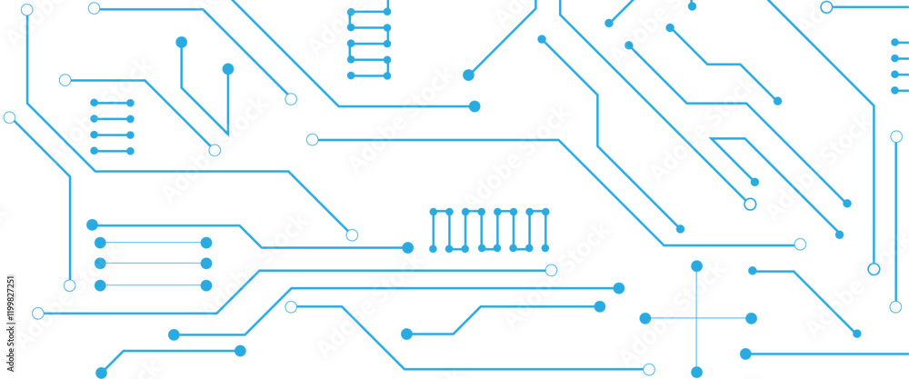 Poster Vector technology lines circuit and dots on blue background, circuit board network connection.