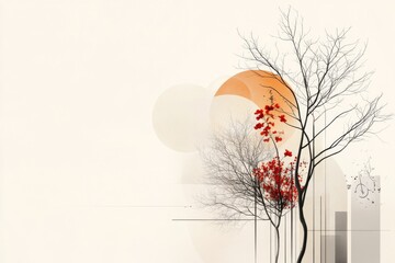 Delicate tree silhouettes against an abstract background with autumn colors at sunset
