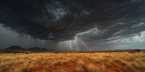 Dramatic Thunderstorm Over African Savanna: Powerful Lightning Strikes Amid Dark Storm Clouds Above Dry Grassland and Distant Mountains - Nature's Intensity Captured