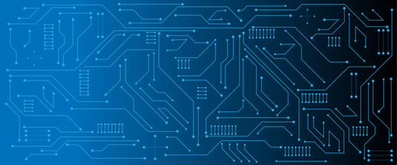 Vector technology lines circuit and dots on blue engineering technology concept vector panorama background.