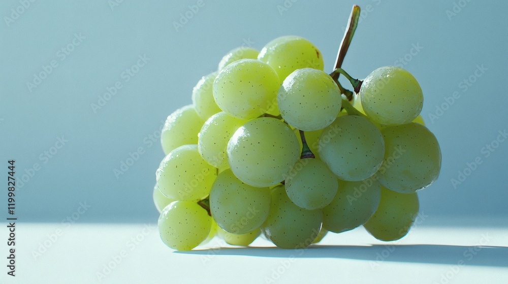 Poster isolated of a single green grape with a natural sheen placed carefully on a clean white surface stoc