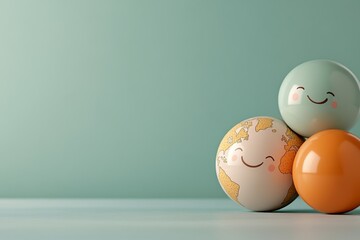 Happy globe and colorful balls arranged together on a pastel background, symbolizing unity and joy of the world