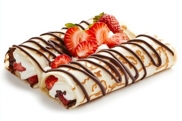A perfectly rolled chocolate crepe wrap filled with cream and strawberries, drizzled with chocolate sauce