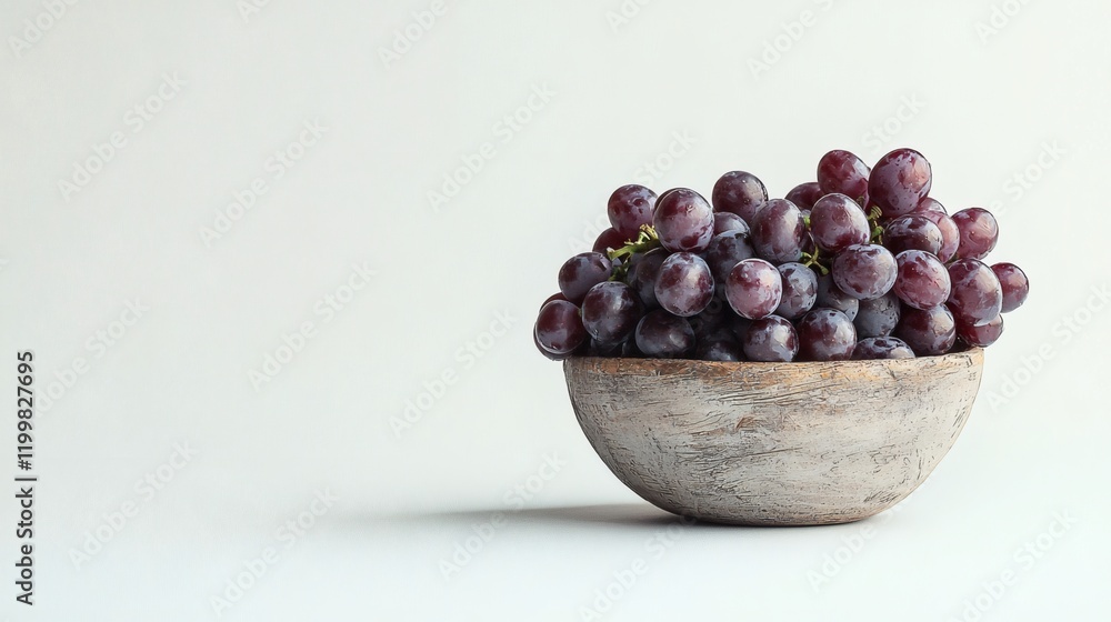 Poster isolated of a pile of ripe red grapes in a small rustic basket positioned on a seamless white backgr