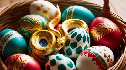 A golden snake wriggles around Easter eggs