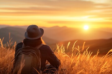 Hiker enjoying a sunset view on a mountain ridge surrounded by grass and hills in the golden hour